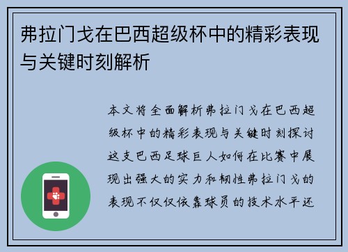 弗拉门戈在巴西超级杯中的精彩表现与关键时刻解析